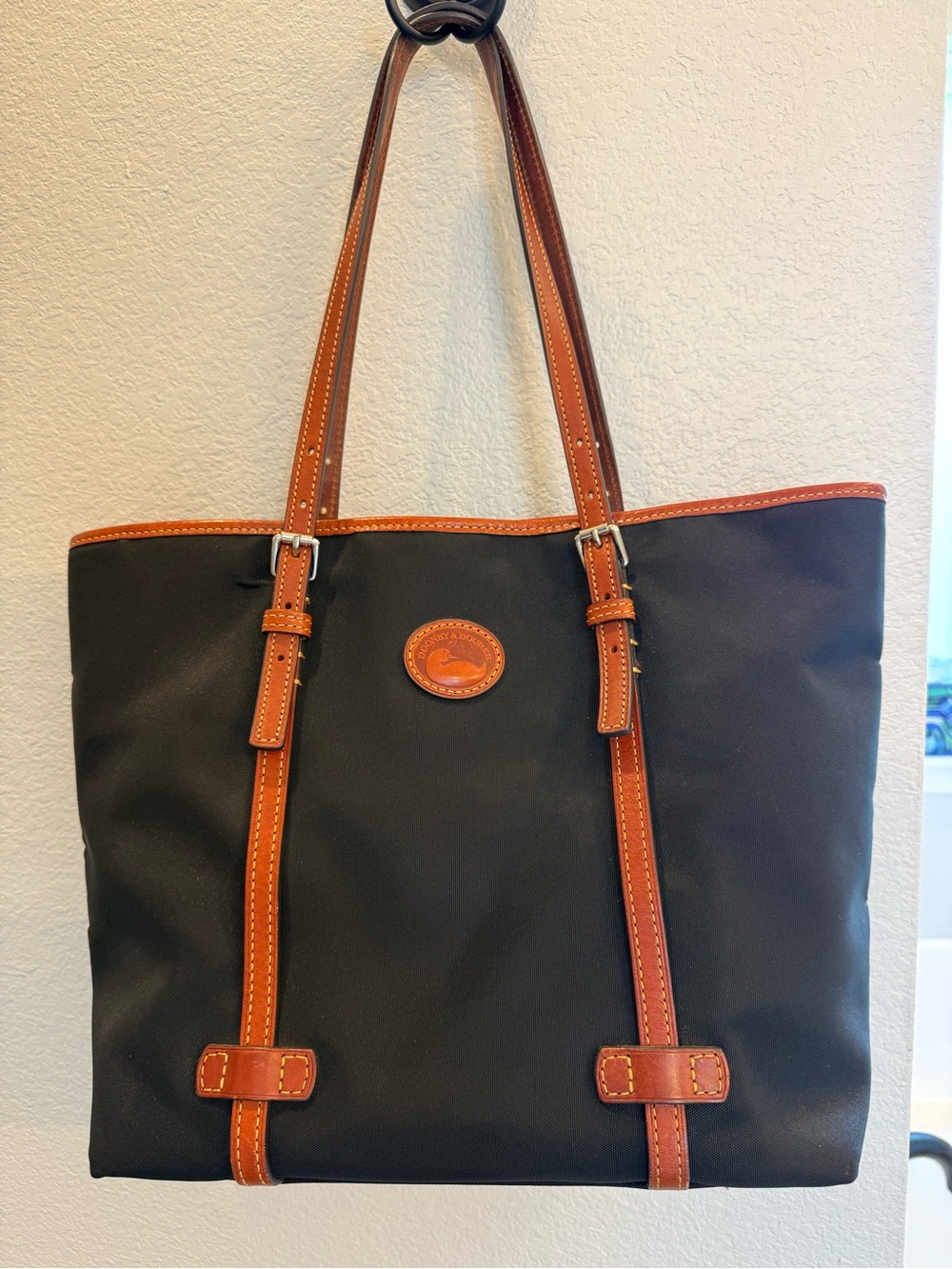 Dooney & Bourke Black Nylon Tote with Brown Leather Trim and Straps